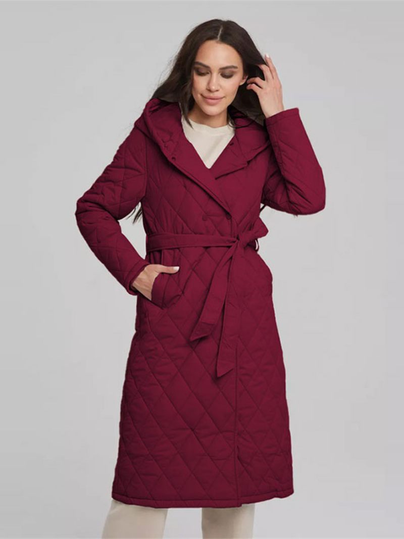 Manteau Matelassé Mi-long Pour Femme Vêtement D'extérieur Classique À Capuche Et Ceinture - Bourgogne