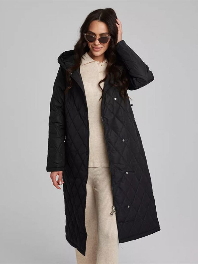 Manteau Matelassé Mi-long Pour Femme Vêtement D'extérieur Classique À Capuche Et Ceinture - Noir