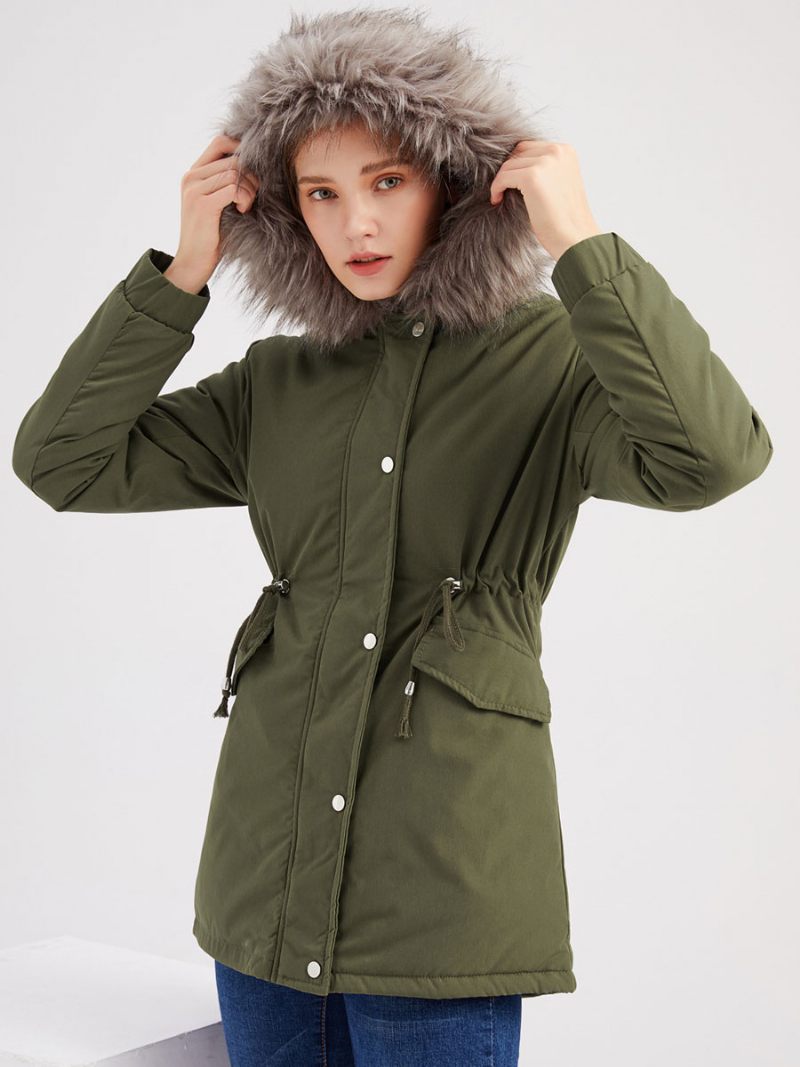 Manteaux D'hiver Pour Femmes Rose Moyen Cordon À Capuche Bouton Avant Manches Longues Bicolore Décontracté Manteau Vêtements D'extérieur - Vert Chasseur