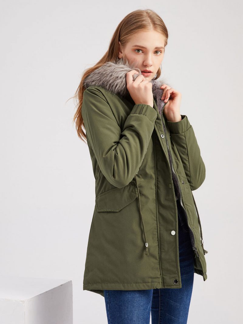 Manteaux D'hiver Pour Femmes Rose Moyen Cordon À Capuche Bouton Avant Manches Longues Bicolore Décontracté Manteau Vêtements D'extérieur - Vert Chasseur