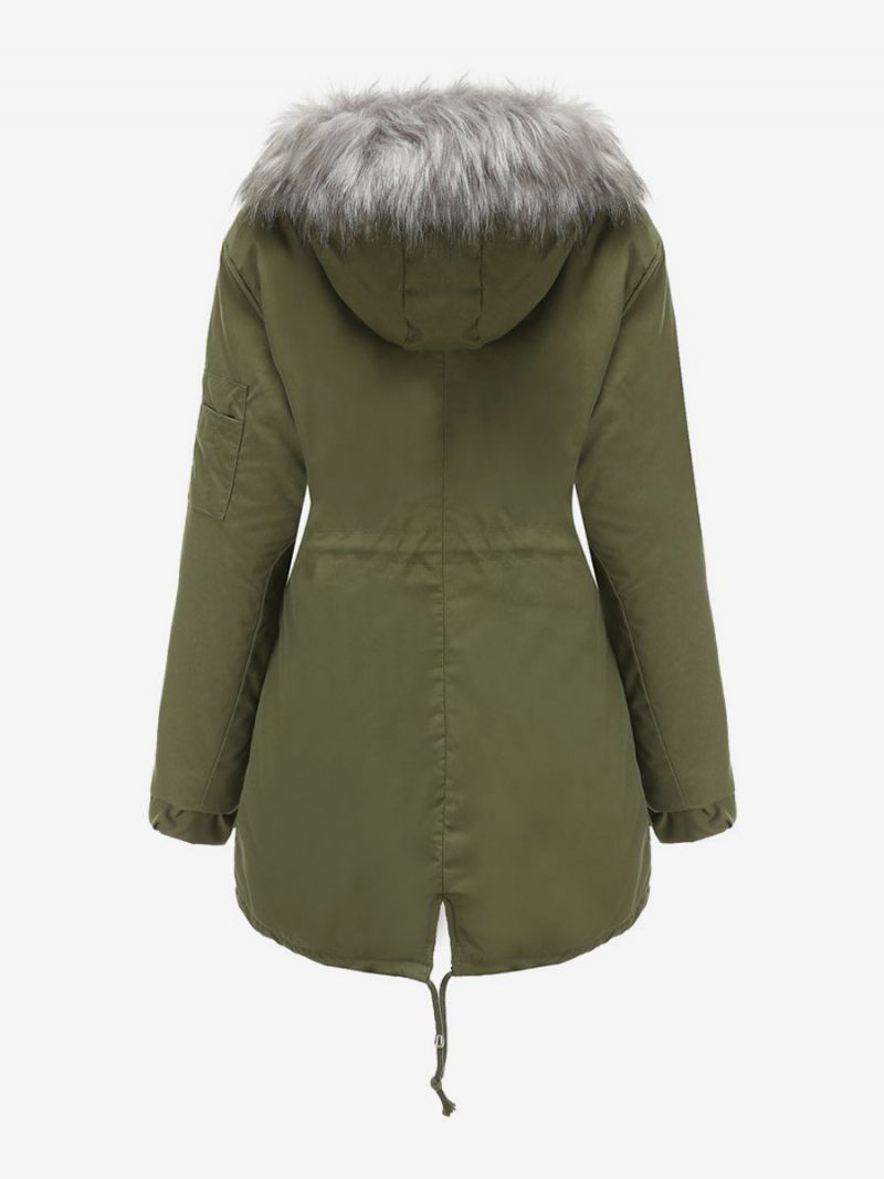 Manteaux D'hiver Pour Femmes Rose Moyen Cordon À Capuche Bouton Avant Manches Longues Bicolore Décontracté Manteau Vêtements D'extérieur - Vert Chasseur