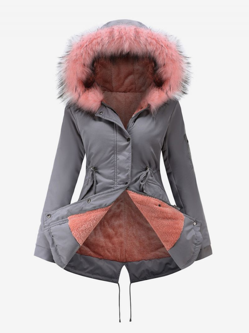 Manteaux D'hiver Pour Femmes Rose Moyen Cordon À Capuche Bouton Avant Manches Longues Bicolore Décontracté Manteau Vêtements D'extérieur - Gris