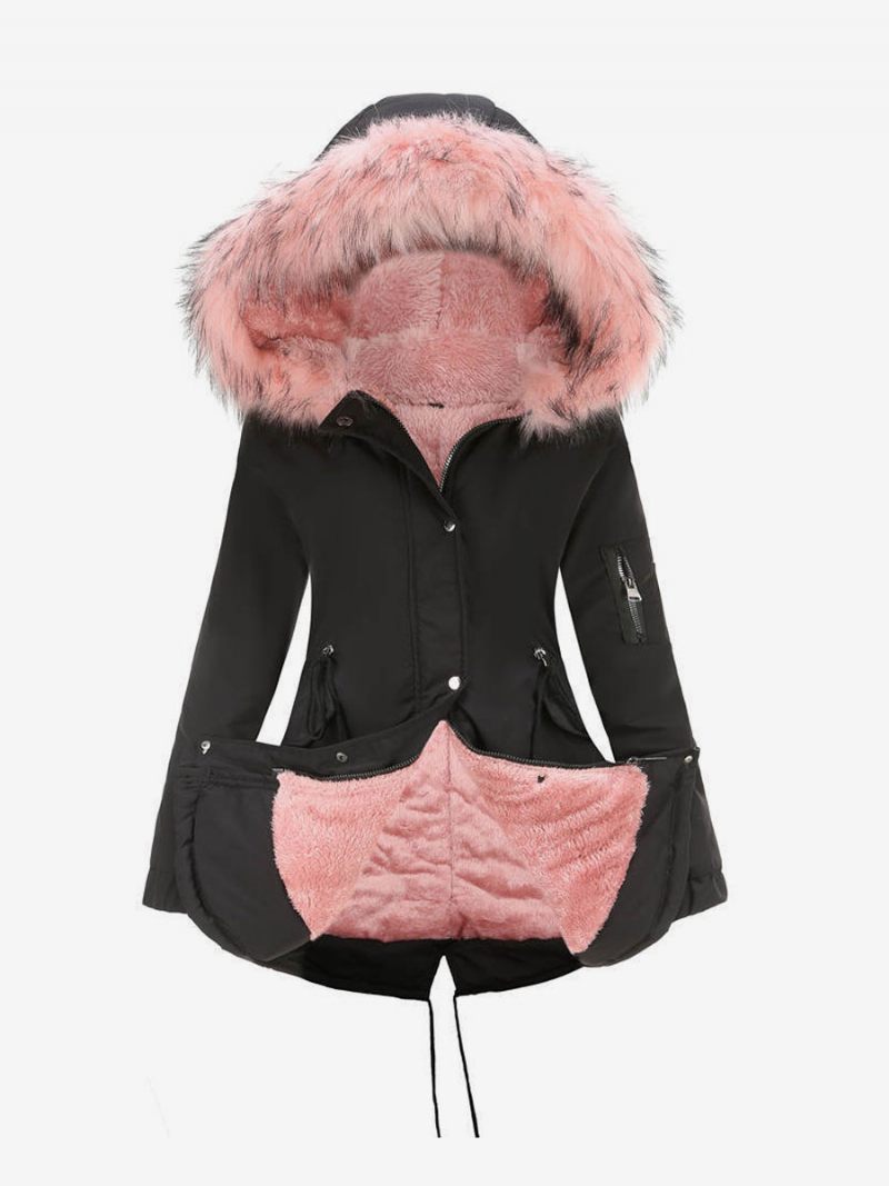 Manteaux D'hiver Pour Femmes Rose Moyen Cordon À Capuche Bouton Avant Manches Longues Bicolore Décontracté Manteau Vêtements D'extérieur - Rose