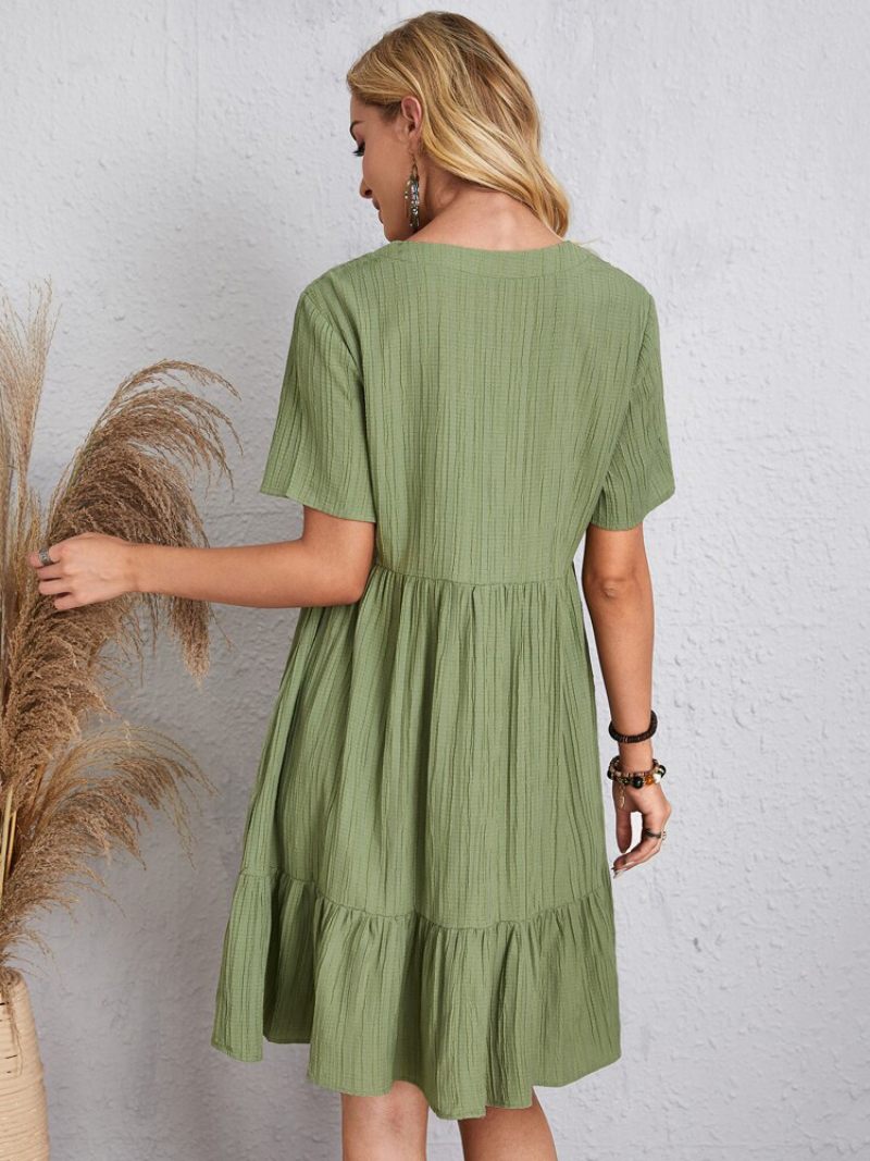 Robe Boho Pour Femmes Col V Manches Courtes D'été Plissée - Vert