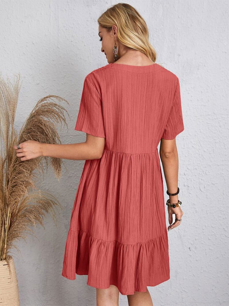 Robe Boho Pour Femmes Col V Manches Courtes D'été Plissée - Rouge