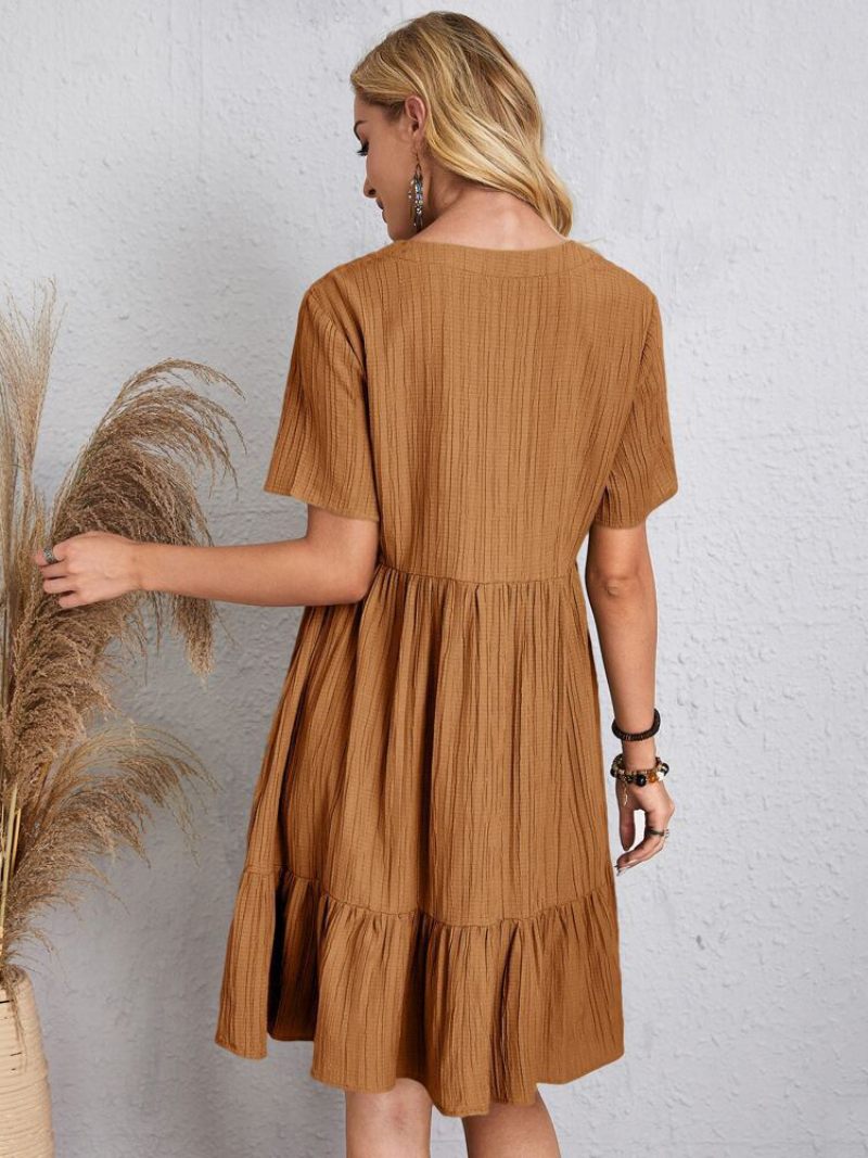 Robe Boho Pour Femmes Col V Manches Courtes D'été Plissée - Marron Café