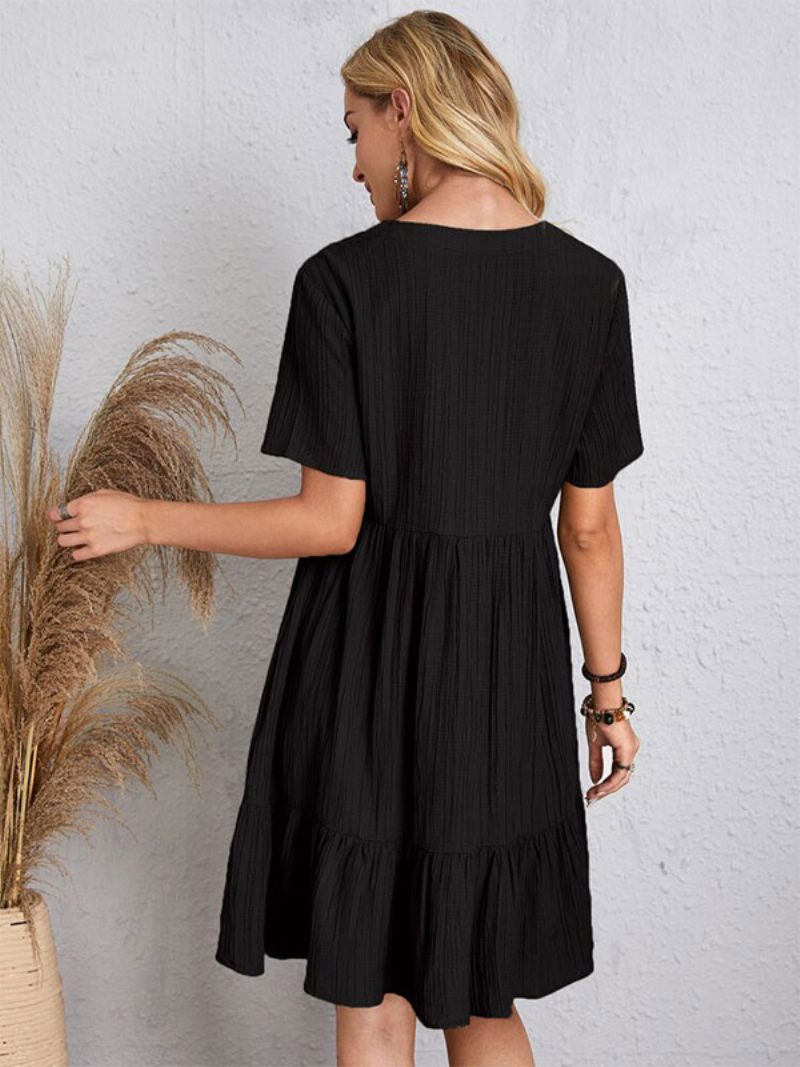 Robe Boho Pour Femmes Col V Manches Courtes D'été Plissée - Noir