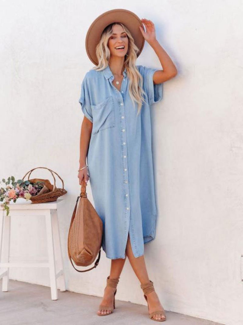 Robe Chemise Mi-longue Pour Femme Bleu Ciel Clair Col V Manches Courtes