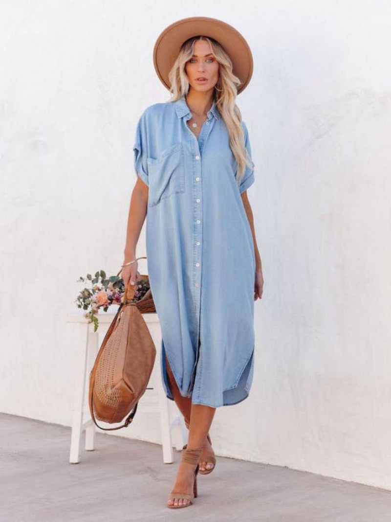 Robe Chemise Mi-longue Pour Femme Bleu Ciel Clair Col V Manches Courtes - Bleu Ciel Clair