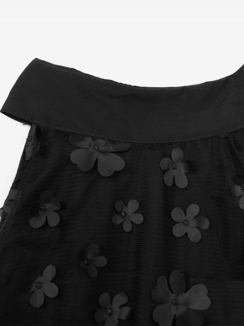 Robe Droite Pour Femmes Col Licou Appliques Florales Tulle Mini Robes Jour - Noir