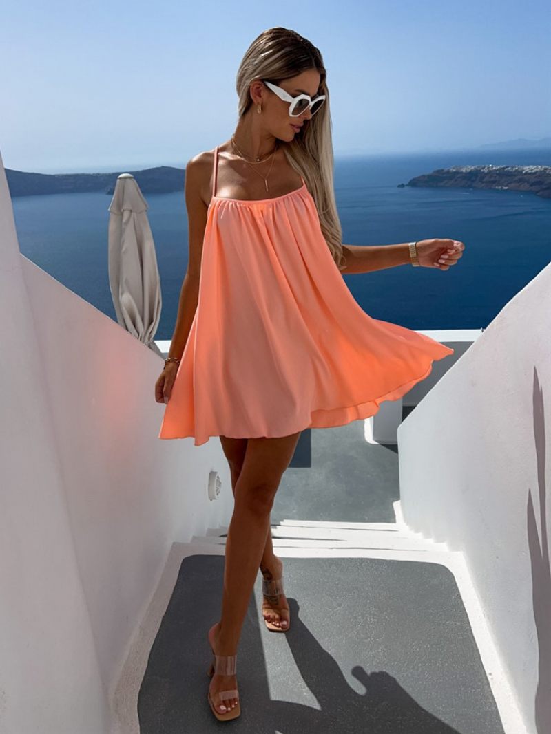 Robe D'été Pour Femmes Bretelles Col Plissé Dos Nu Écru Blanc Mini Longueur Plage - Orange