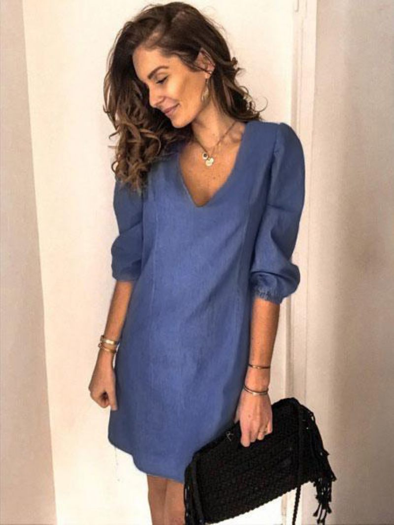 Robe Mi-longue Pour Femmes Col V Demi-manches Simple Bleu Ciel Clair D'été