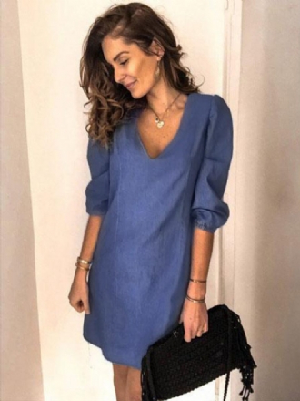 Robe Mi-longue Pour Femmes Col V Demi-manches Simple Bleu Ciel Clair D'été