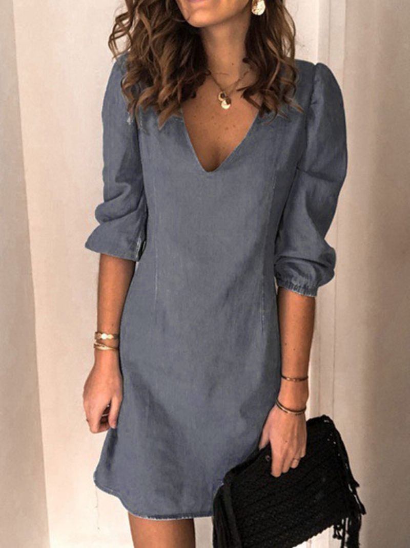 Robe Mi-longue Pour Femmes Col V Demi-manches Simple Bleu Ciel Clair D'été - Gris