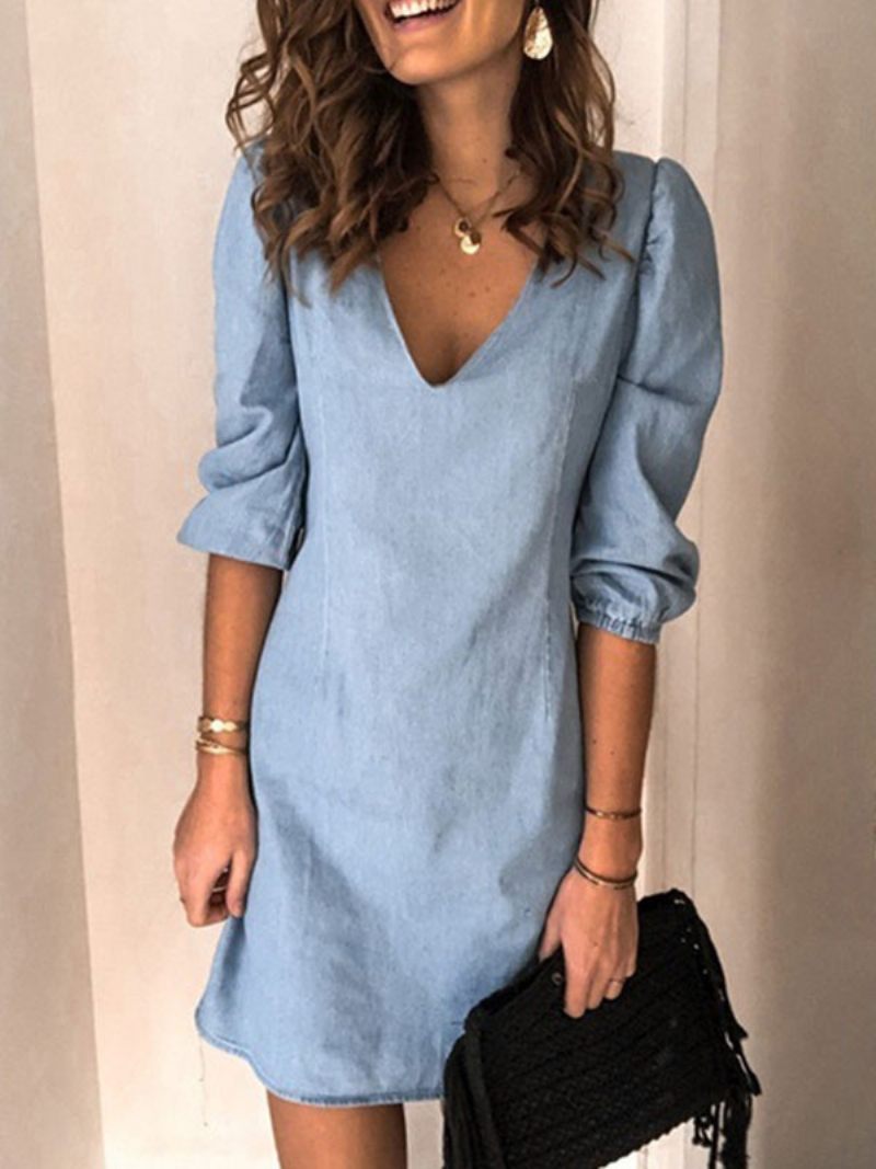 Robe Mi-longue Pour Femmes Col V Demi-manches Simple Bleu Ciel Clair D'été - Bleu Ciel Clair