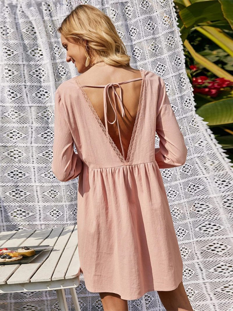 Robe Tunique Pour Femme Col V Dos Bas Manches Longues Plissées Robes Courtes Jour Décontractées - Rose