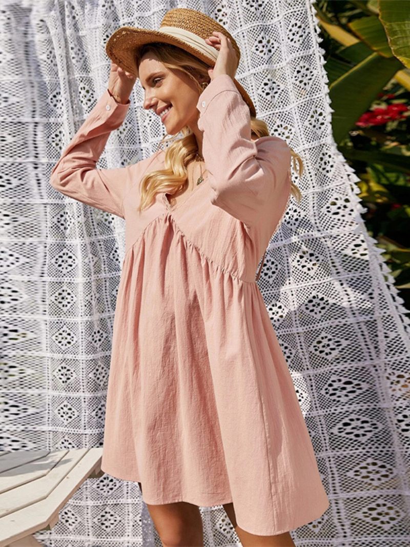 Robe Tunique Pour Femme Col V Dos Bas Manches Longues Plissées Robes Courtes Jour Décontractées - Rose