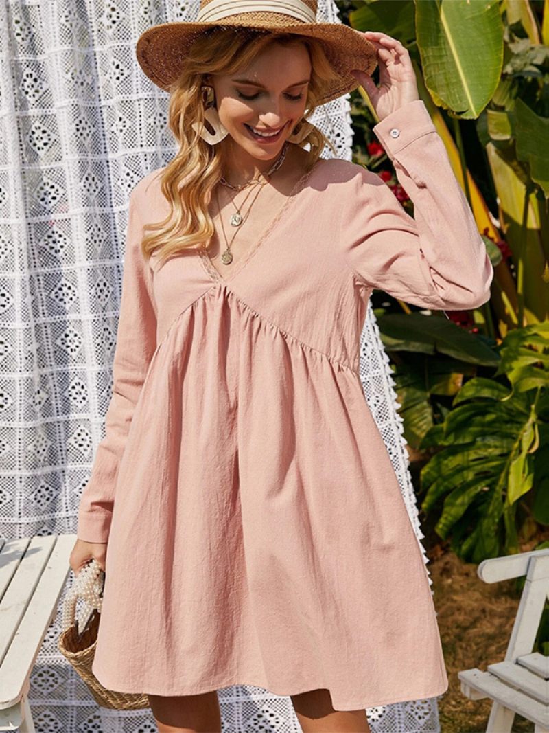 Robe Tunique Pour Femme Col V Dos Bas Manches Longues Plissées Robes Courtes Jour Décontractées - Rose