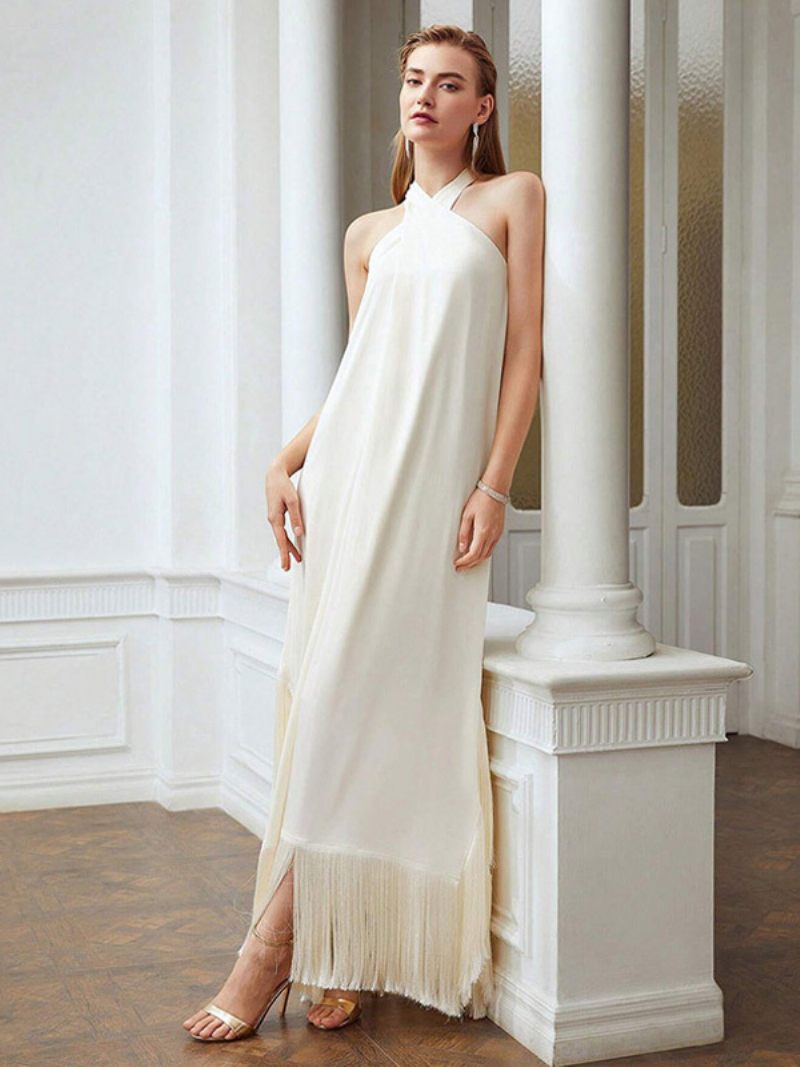 Robes Droites Blanches Écru Pour Femmes Robe Longue Plissée À Col Licou Avec Franges - Beige