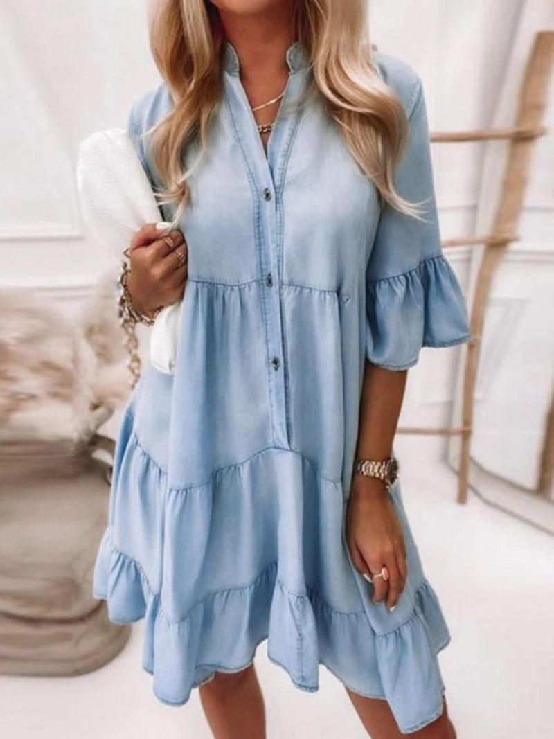 Robes Droites Bleu Ciel Clair Col Rabattu Denim Couches Femmes Robe Tube