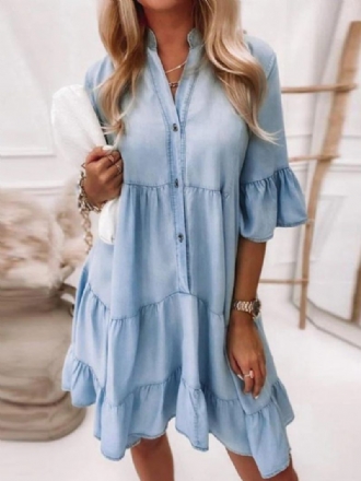 Robes Droites Bleu Ciel Clair Col Rabattu Denim Couches Femmes Robe Tube