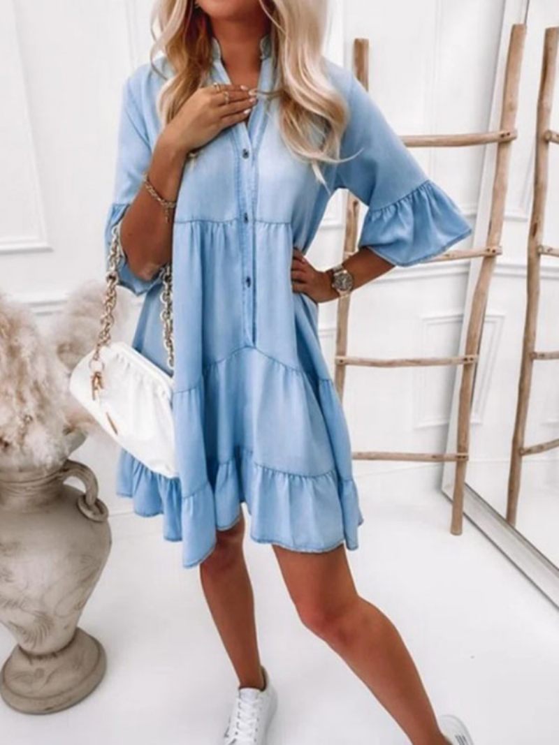 Robes Droites Bleu Ciel Clair Col Rabattu Denim Couches Femmes Robe Tube - Bleu Ciel Clair