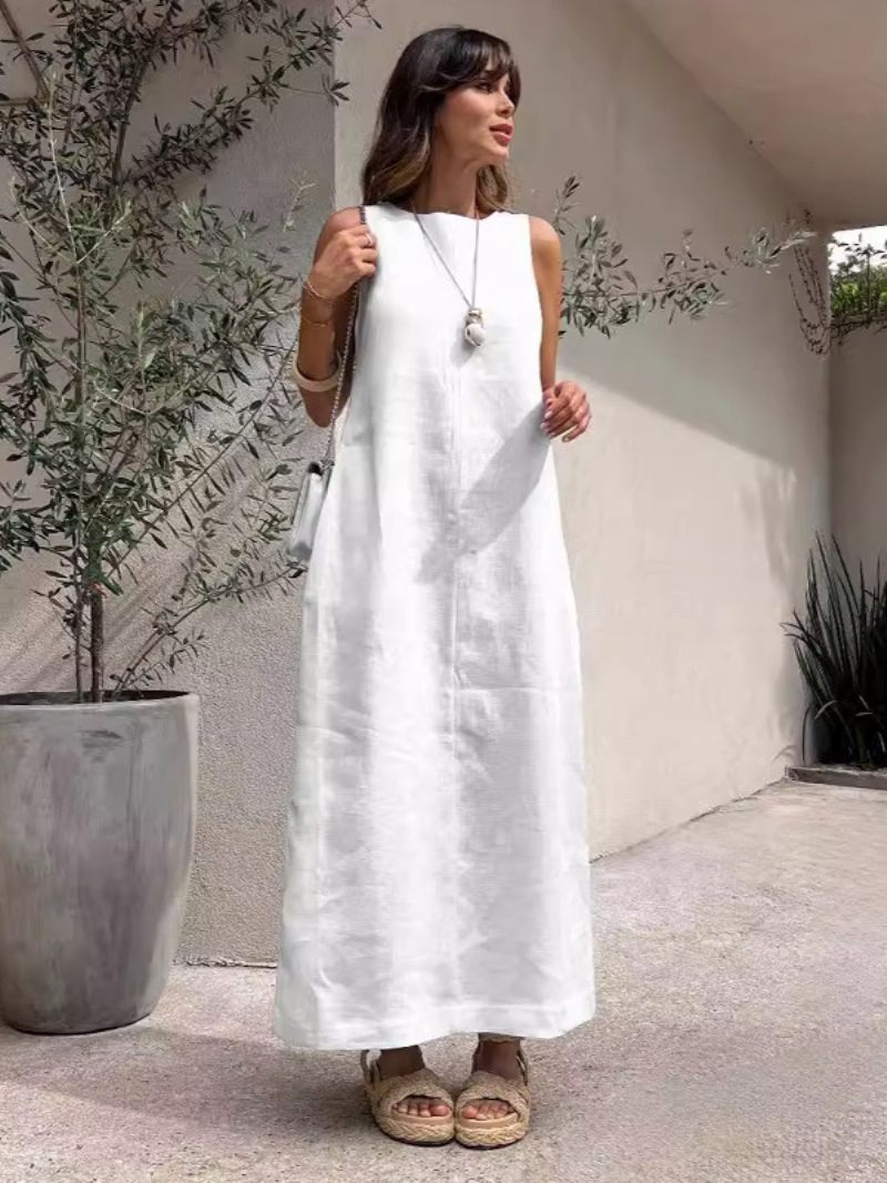 Robes Droites Pour Femmes Col Bijou Blanc Fendu Sur Le Devant Polyester Surdimensionné Robe Tunique Charme Adultes