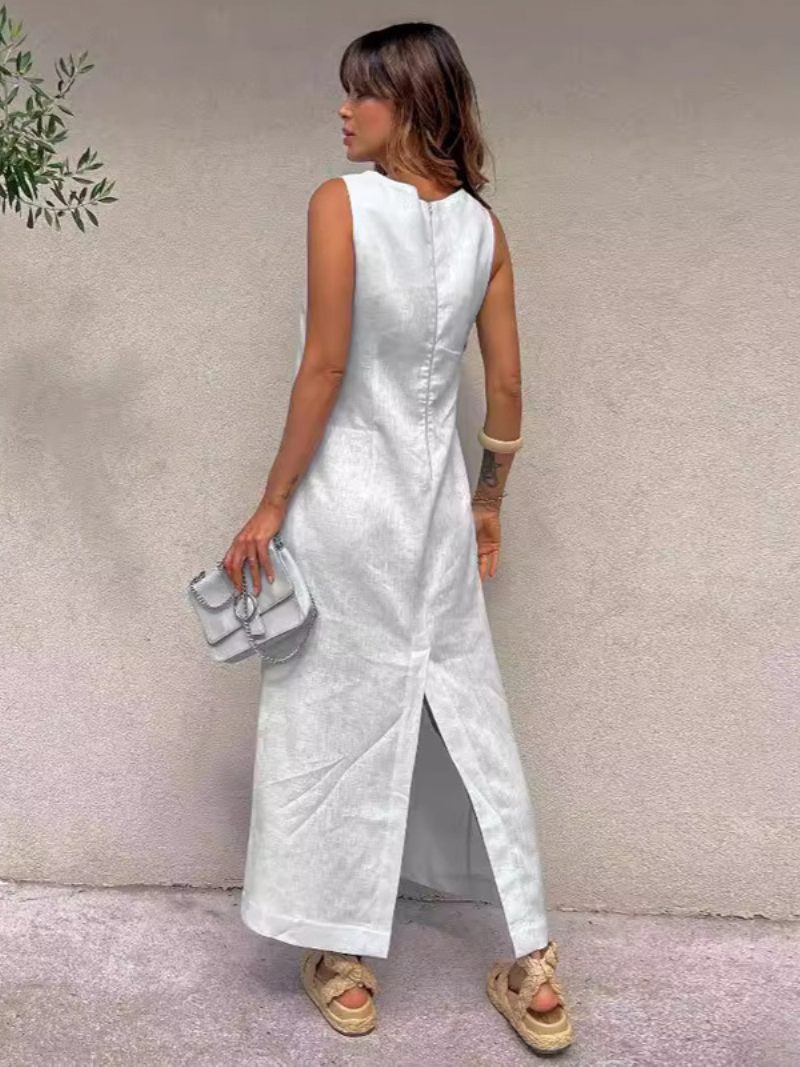 Robes Droites Pour Femmes Col Bijou Blanc Fendu Sur Le Devant Polyester Surdimensionné Robe Tunique Charme Adultes - Blanc