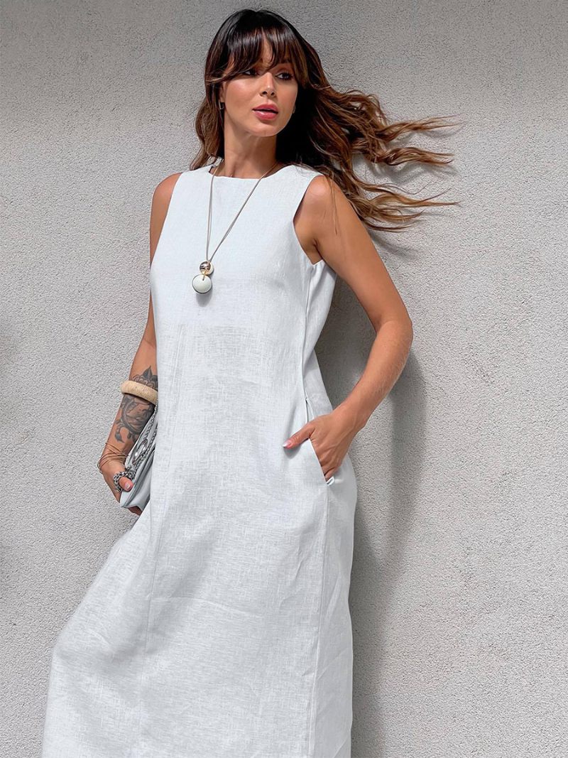 Robes Droites Pour Femmes Col Bijou Blanc Fendu Sur Le Devant Polyester Surdimensionné Robe Tunique Charme Adultes - Blanc