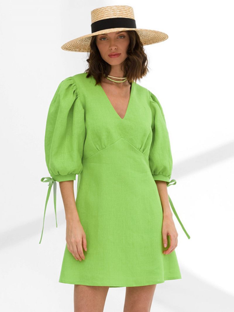 Robes Droites Pour Femmes Manches Longues Chic Cordon Serrage Col V Robe Tunique Rose Surdimensionnée - Vert