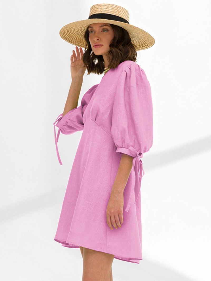 Robes Droites Pour Femmes Manches Longues Chic Cordon Serrage Col V Robe Tunique Rose Surdimensionnée - Rose