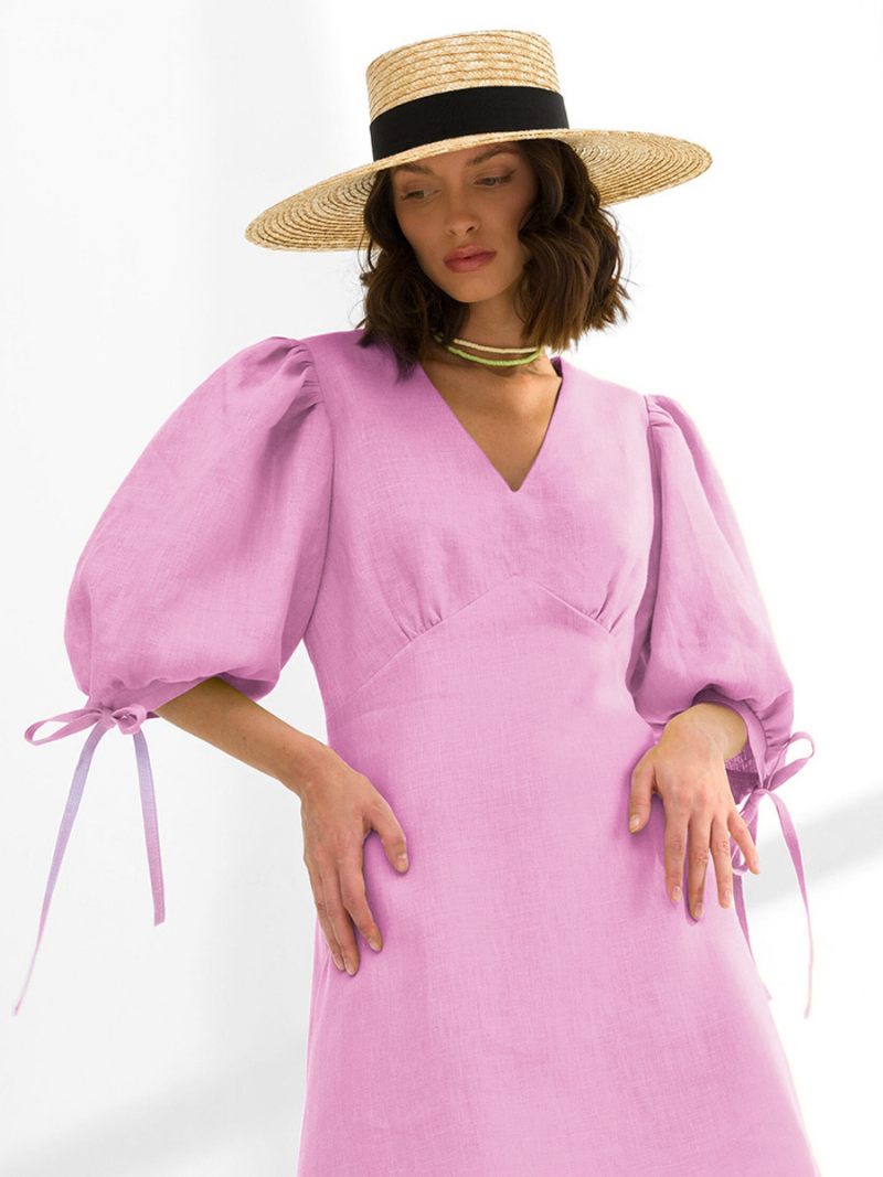 Robes Droites Pour Femmes Manches Longues Chic Cordon Serrage Col V Robe Tunique Rose Surdimensionnée - Rose