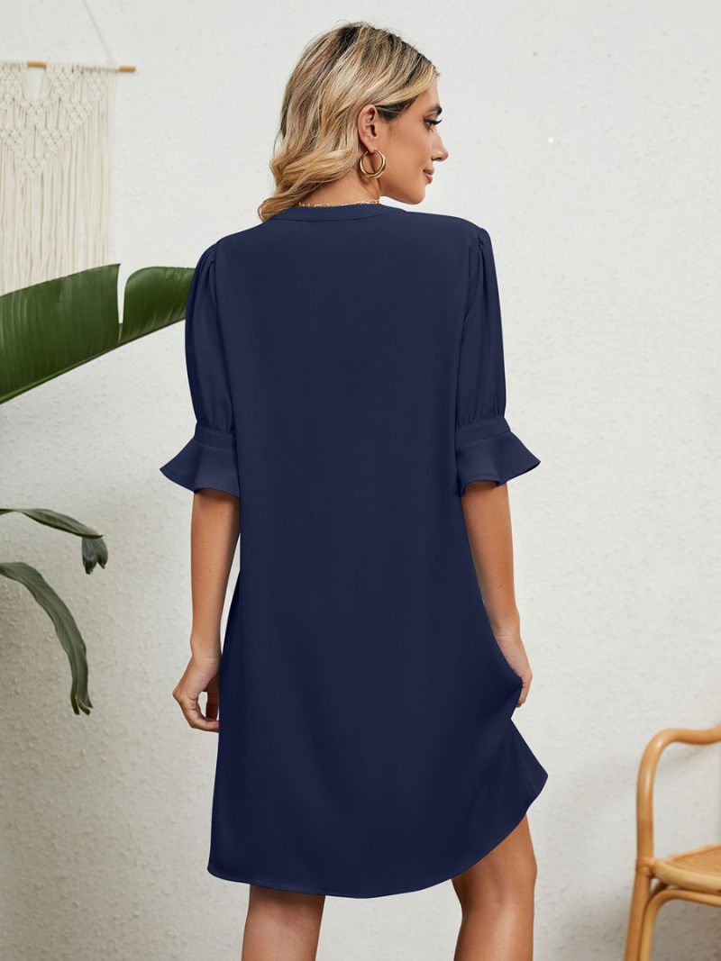 Robes Droites Robe Tunique Moderne Pour Femmes Bleu Ciel Clair À Col V - Bleu Marine Foncé