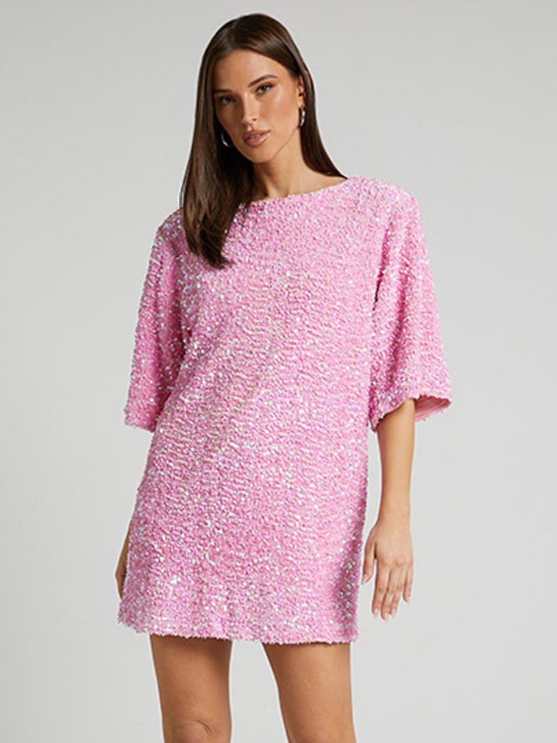 Robes Droites Roses Pour Femmes Col Bijou Dos Nu Demi-manches Paillettes Robe Courte Douce