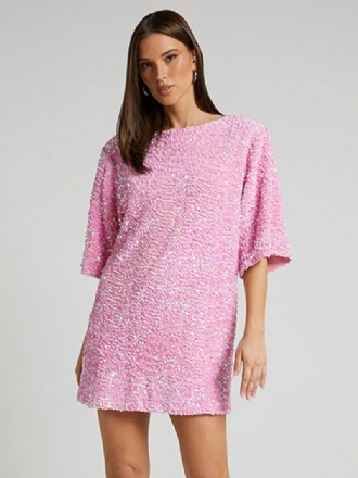 Robes Droites Roses Pour Femmes Col Bijou Dos Nu Demi-manches Paillettes Robe Courte Douce