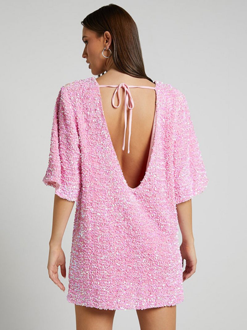 Robes Droites Roses Pour Femmes Col Bijou Dos Nu Demi-manches Paillettes Robe Courte Douce - Rose