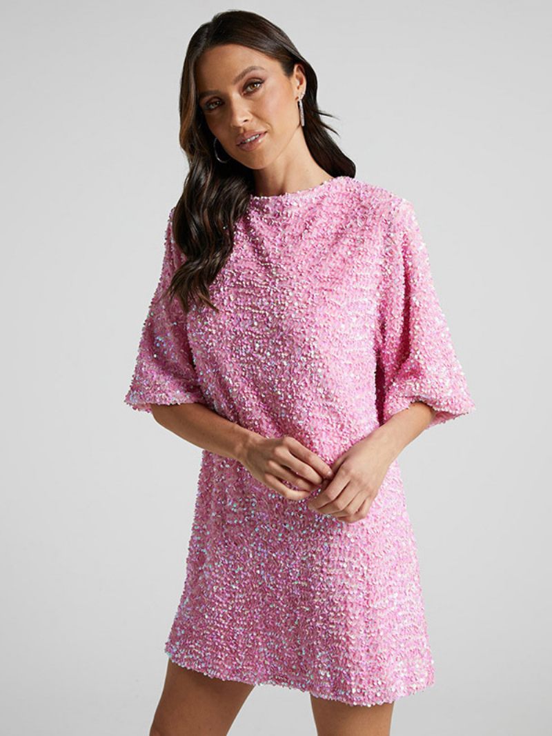 Robes Droites Roses Pour Femmes Col Bijou Dos Nu Demi-manches Paillettes Robe Courte Douce - Rose