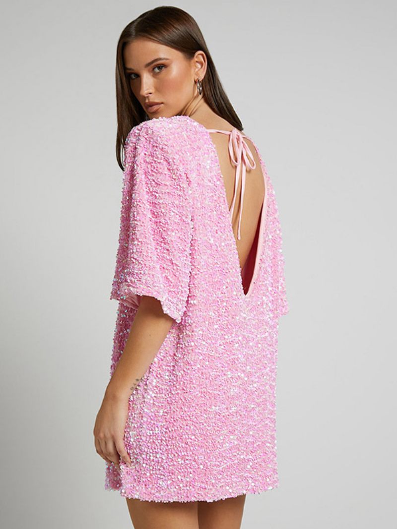 Robes Droites Roses Pour Femmes Col Bijou Dos Nu Demi-manches Paillettes Robe Courte Douce - Rose