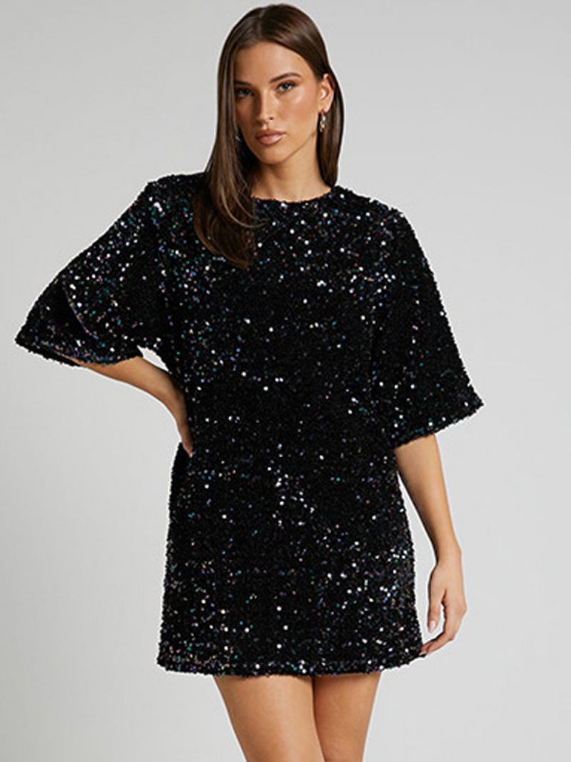 Robes Droites Roses Pour Femmes Col Bijou Dos Nu Demi-manches Paillettes Robe Courte Douce - Noir