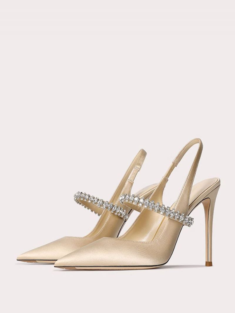 Chaussures Bal Satin Pour Femmes Avec Strass Noirs Escarpins À Bout Pointu Et Talon Aiguille Bride Arrière - Jaune Clair