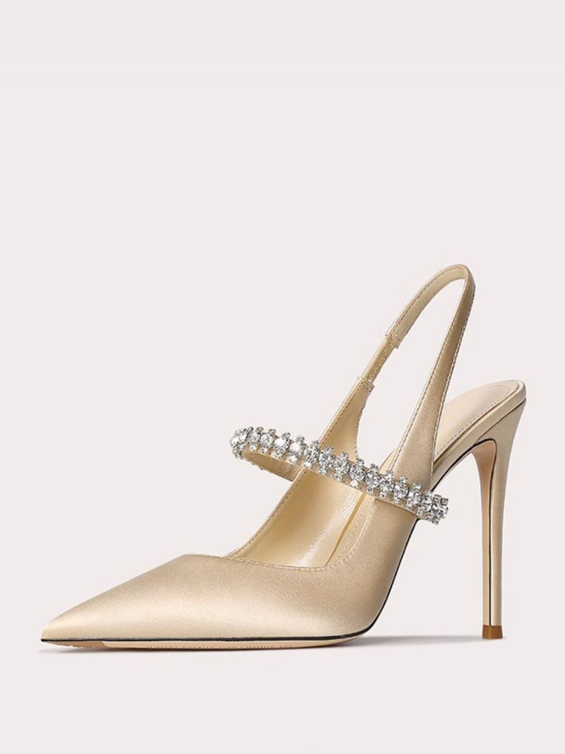 Chaussures Bal Satin Pour Femmes Avec Strass Noirs Escarpins À Bout Pointu Et Talon Aiguille Bride Arrière - Jaune Clair