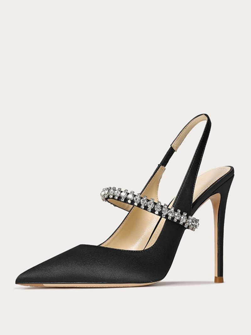 Chaussures Bal Satin Pour Femmes Avec Strass Noirs Escarpins À Bout Pointu Et Talon Aiguille Bride Arrière - Noir