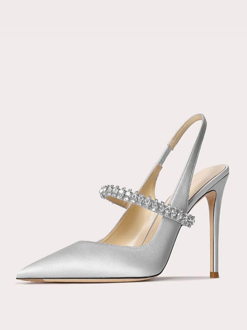 Chaussures Bal Satin Pour Femmes Avec Strass Noirs Escarpins À Bout Pointu Et Talon Aiguille Bride Arrière - Argent