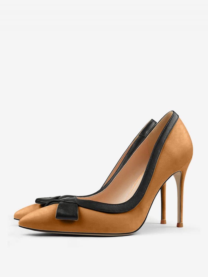 Chaussures Habillées À Talons Hauts Blancs Pour Femmes Bout Pointu Nœud Enfiler - Marron Café