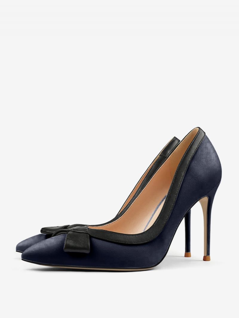 Chaussures Habillées À Talons Hauts Blancs Pour Femmes Bout Pointu Nœud Enfiler - Bleu Profond