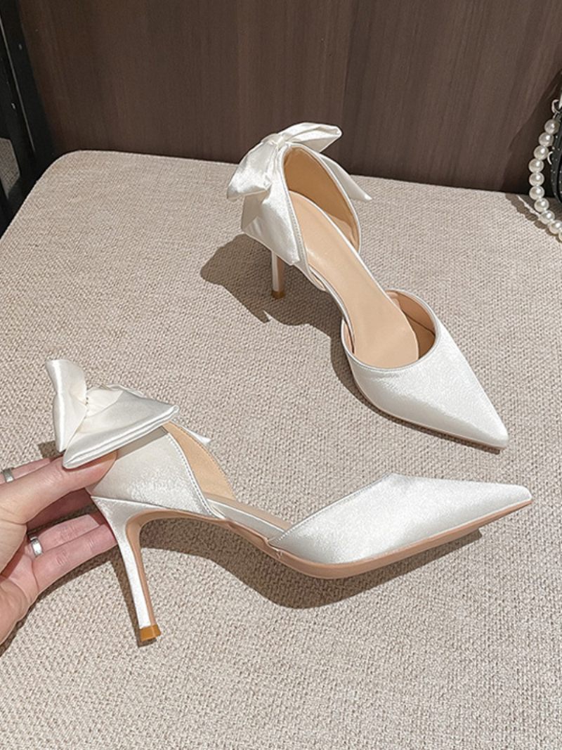 Chaussures Mariage Blanches Pour Femmes Escarpins À Talons Hauts Bout Pointu Avec Nœud - Blanc