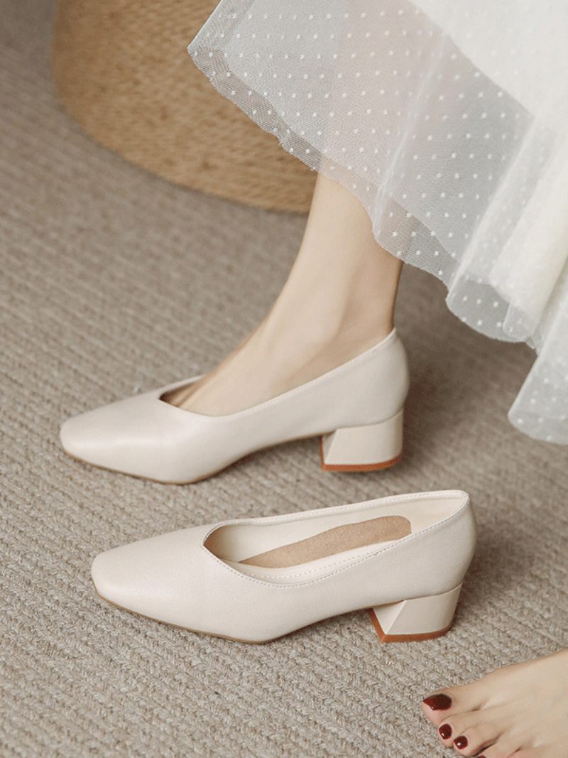 Chaussures Mariage Pour Femmes Escarpins Mariée Cuir Pu Bout Carré - Beige