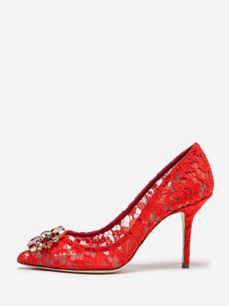 Chaussures Mariage Noires Dentelle À Talons Hauts Et Strass Pour Femmes - Rouge