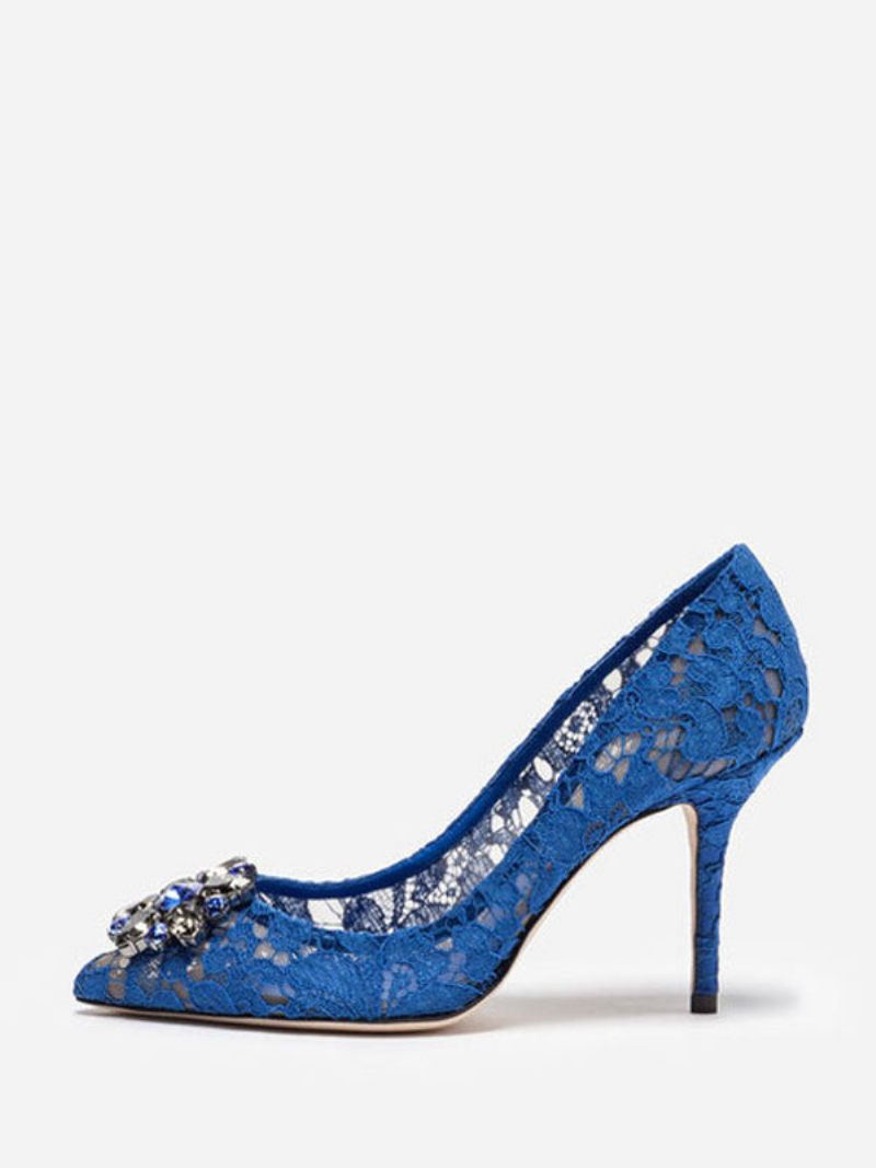 Chaussures Mariage Noires Dentelle À Talons Hauts Et Strass Pour Femmes - Bleu