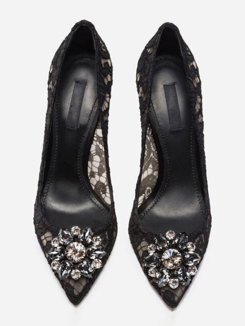 Chaussures Mariage Noires Dentelle À Talons Hauts Et Strass Pour Femmes - Noir